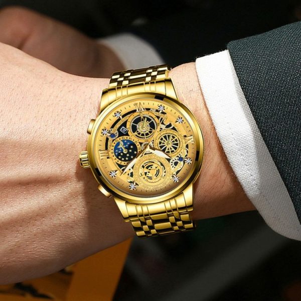BINBOND 4010 Multifunctional Waterproof Hollowed Luminous Quartz Watch (Full Gold Gold Surface) - Image 7