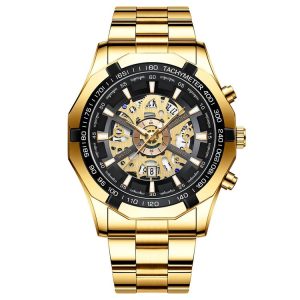 BINBOND S033 Hollowed Mechanical 30m Waterproof Luminous Quartz Watch, Color: Full Gold-Black-Gold