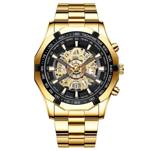 BINBOND S033 Hollowed Mechanical 30m Waterproof Luminous Quartz Watch, Color: Full Gold-Black-Gold