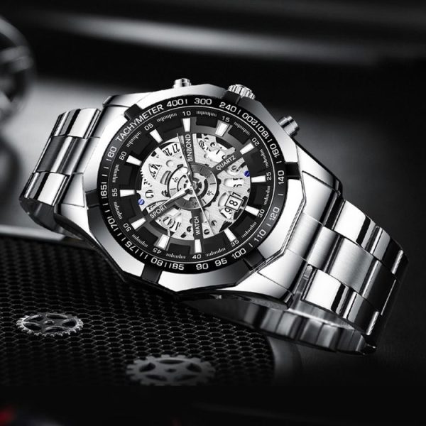 BINBOND S033 Hollowed Mechanical 30m Waterproof Luminous Quartz Watch, Color: Full Gold-Black-Gold - Image 4