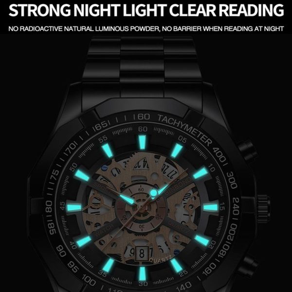 BINBOND S033 Hollowed Mechanical 30m Waterproof Luminous Quartz Watch, Color: Full Gold-Black-Gold - Image 6