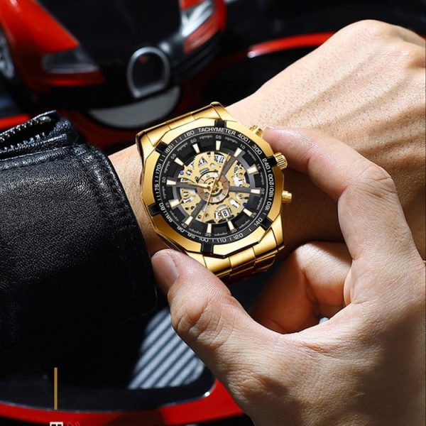 BINBOND S033 Hollowed Mechanical 30m Waterproof Luminous Quartz Watch, Color: Full Gold-Black-Gold - Image 7