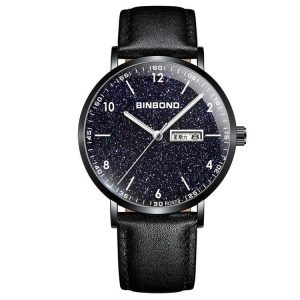 BINBOND B3820 30M Waterproof Ultra-thin Quartz Luminous Starry Watch, Color: Black Leather-Black-Starry