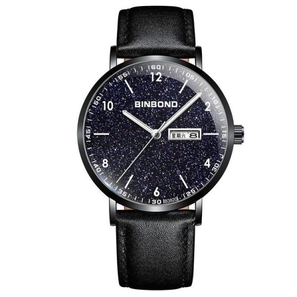 BINBOND B3820 30M Waterproof Ultra-thin Quartz Luminous Starry Watch, Color: Black Leather-Black-Starry