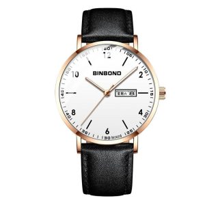 BINBOND B3820 30M Waterproof Ultra-thin Quartz Luminous Starry Watch, Color: Black Leather-Rose Gold-White