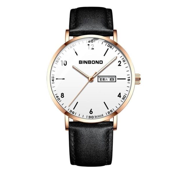 BINBOND B3820 30M Waterproof Ultra-thin Quartz Luminous Starry Watch, Color: Black Leather-Rose Gold-White