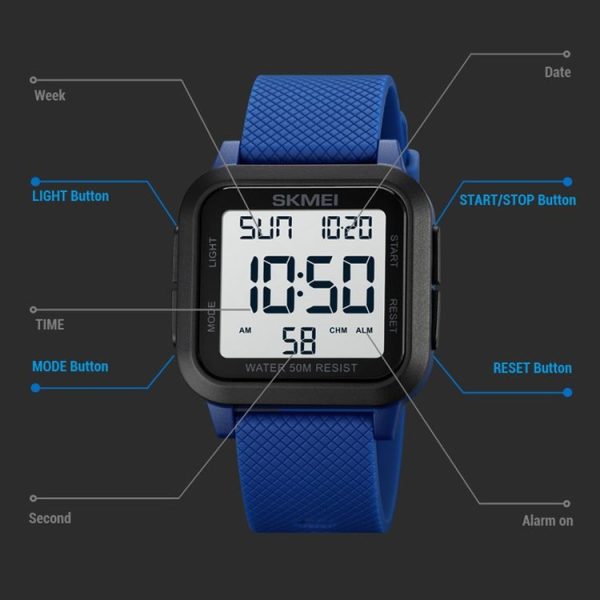 SKMEI 1894 Square Sports Waterproof Student Simple Multifunctional Luminous Watch (Blue White Machine) - Image 4