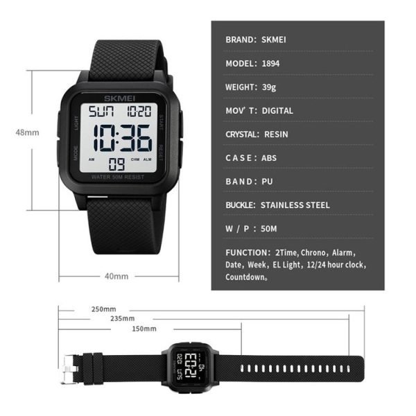SKMEI 1894 Square Sports Waterproof Student Simple Multifunctional Luminous Watch (Blue White Machine) - Image 8