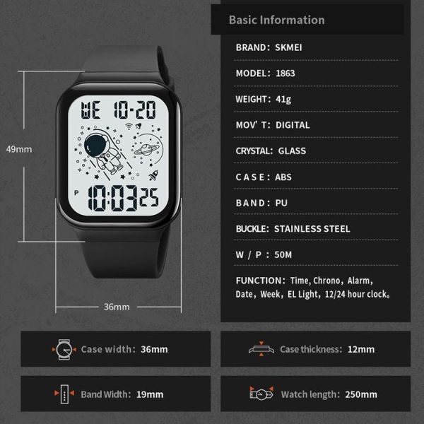 SKMEI 1863 Multifunctional Astronaut Student Digital Sports Square Watch (Blue White Machine) - Image 6
