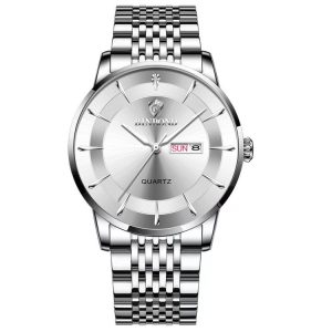 BINBOND B2077 30M Waterproof Quartz Luminous Watch Butterfly Buckle Men's Steel Belt Watch (White Steel-White)