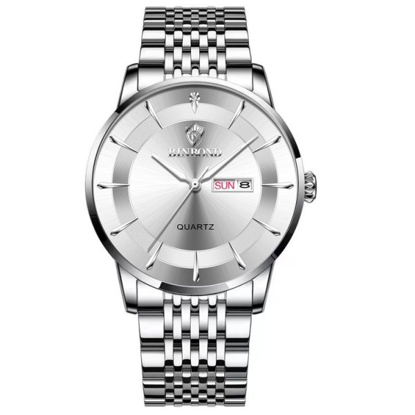 BINBOND B2077 30M Waterproof Quartz Luminous Watch Butterfly Buckle Men's Steel Belt Watch (White Steel-White)