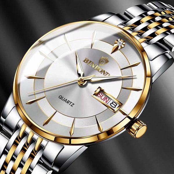 BINBOND B2077 30M Waterproof Quartz Luminous Watch Butterfly Buckle Men's Steel Belt Watch (White Steel-White) - Image 3