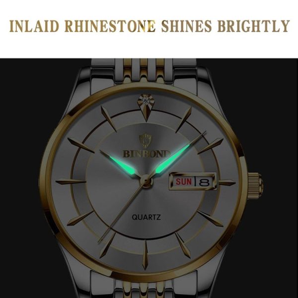 BINBOND B2077 30M Waterproof Quartz Luminous Watch Butterfly Buckle Men's Steel Belt Watch (White Steel-White) - Image 4