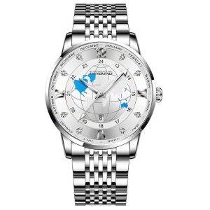 BINBOND B1117 30M Waterproof Earth Dial Butterfly Buckle Luminous Quartz Watch (White Steel-White)