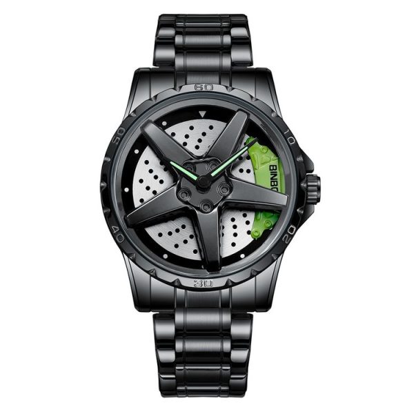 BINBOND D002 Car Hub Dial Multifunctional Waterproof and Wear-resistant Men's Watch (Black Steel-Green)
