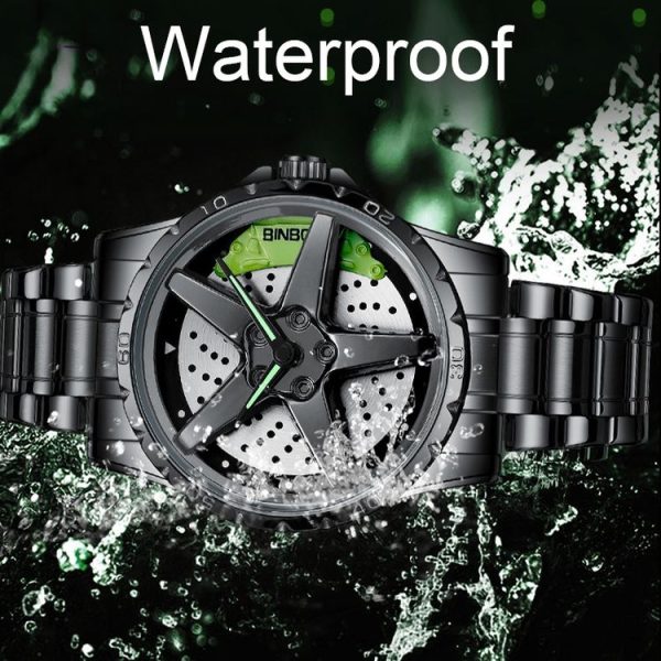 BINBOND D002 Car Hub Dial Multifunctional Waterproof and Wear-resistant Men's Watch (Black Steel-Green) - Image 5
