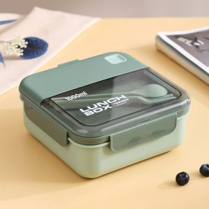 Plastic Compartment Lunch Box Microwaveable with Tableware (1L Green)