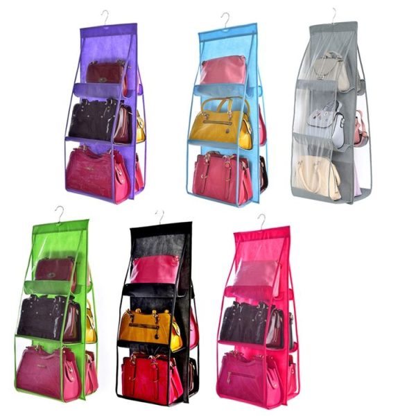 B05005 Double Sided 6 Pocket Hanging Bag Non-woven Fabric Hanging Handbag Organizer (Grey) - Image 2
