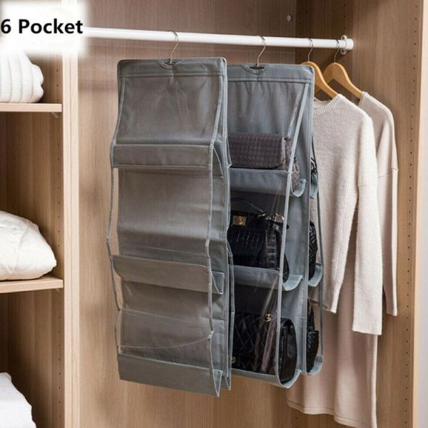 B05005 Double Sided 6 Pocket Hanging Bag Non-woven Fabric Hanging Handbag Organizer (Grey) - Image 4