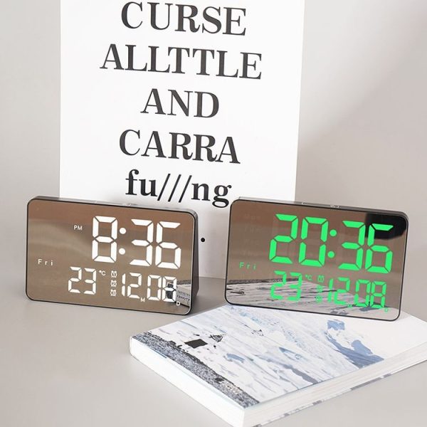 670 Mirror LED Multifunctional Temperature Alarm Clock Bedside Touch Digital Clock (Black Green Light) - Image 5