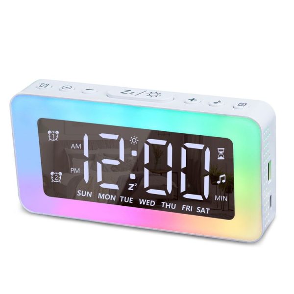 Color Changing LED Light Mirror Alarm Clock Built-in 8 Natural Music (White)