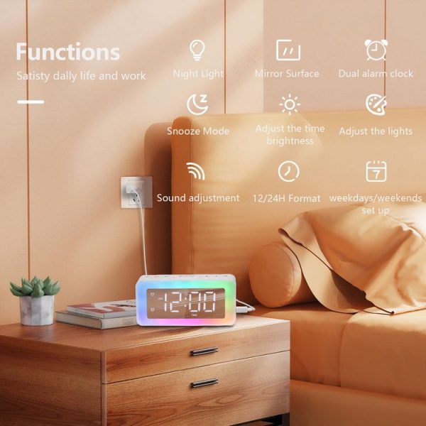 Color Changing LED Light Mirror Alarm Clock Built-in 8 Natural Music (White) - Image 3