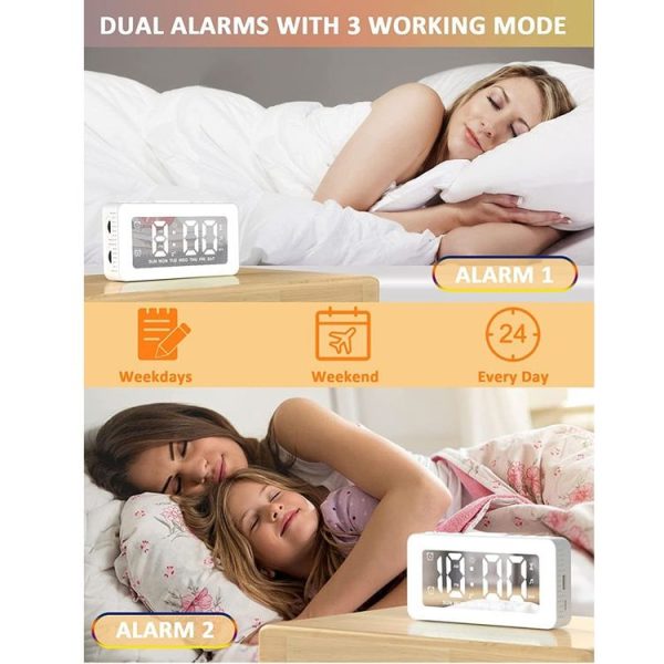 Color Changing LED Light Mirror Alarm Clock Built-in 8 Natural Music (White) - Image 6