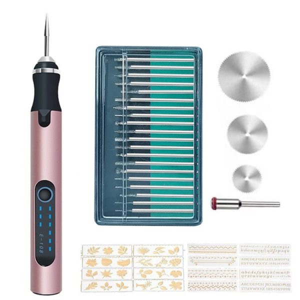 SNJ-3681 Mini Engraving Pen Wireless Polishing Electric Grinder, Style: Rose Gold+Grinding Head+Cutting Blade+Carving Stencil