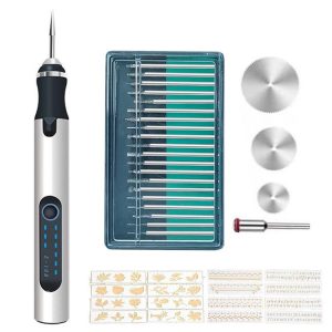 SNJ-3681 Mini Engraving Pen Wireless Polishing Electric Grinder, Style: Silver+Grinding Head+Cutting Blade+Carving Stencil