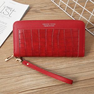 Single Zipper Ladies Wallet Long Wallet Crocodile Coin Purse Student Clutch (Red)