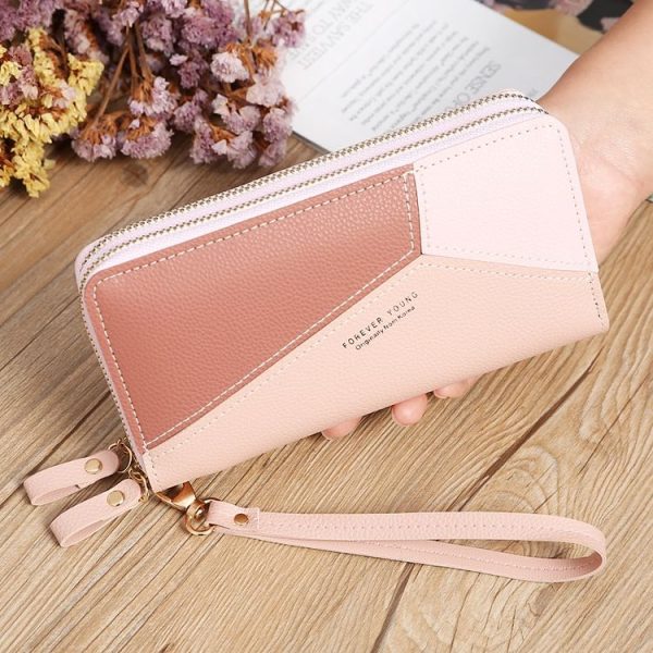 Double Zipper Lady Long Purse Splicing Coin Phone Bag (Pink)