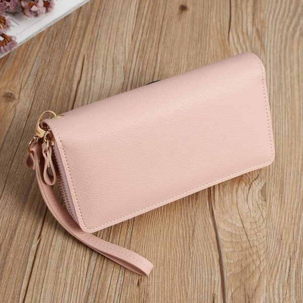 Double Zipper Lady Long Purse Splicing Coin Phone Bag (Pink) - Image 3