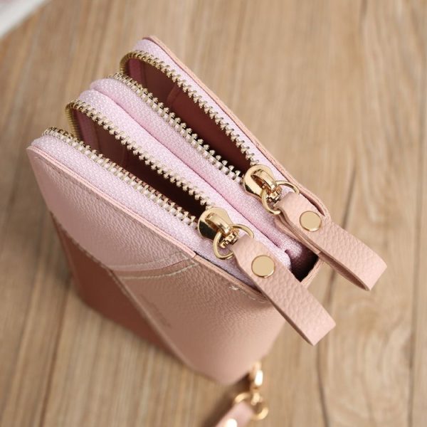 Double Zipper Lady Long Purse Splicing Coin Phone Bag (Pink) - Image 7