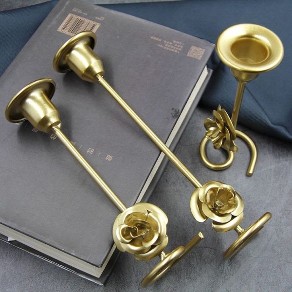 DH2304-01 Rose Carved Metal Candle Holder Bar Decoration Candlelight Dinner Candlesticks, Size: High Gold - Image 7