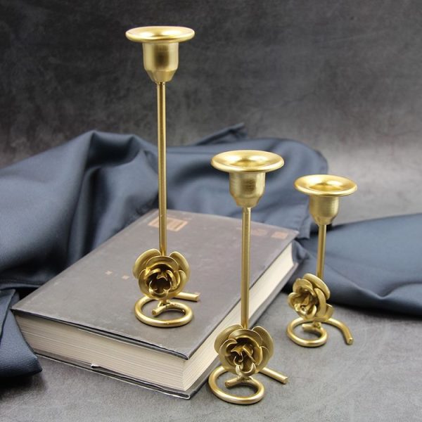 DH2304-01 Rose Carved Metal Candle Holder Bar Decoration Candlelight Dinner Candlesticks, Size: Medium Gold - Image 6