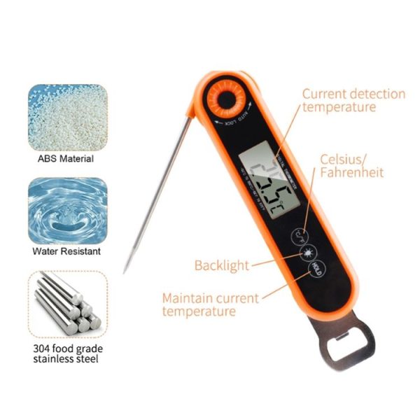 Folding Waterproof Kitchen Oven Grill Food Thermometer (Orange) - Image 3