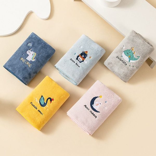 Coral Fleece Cartoon Embroidery Towel Kid Household Thickened Soft Absorbent Towel (Gray) - Image 2