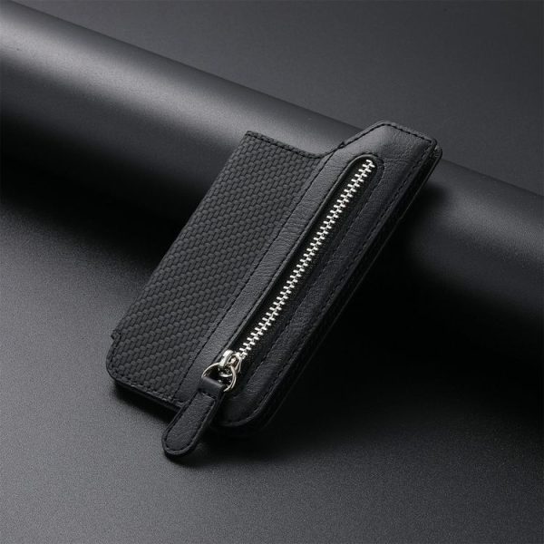 Phone ID Card Holder PU Leather Flap Zipper Wallet Card Holder Bag Adhesive Case (Black)