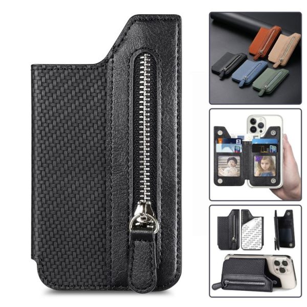 Phone ID Card Holder PU Leather Flap Zipper Wallet Card Holder Bag Adhesive Case (Black) - Image 2