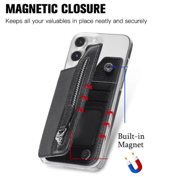 Phone ID Card Holder PU Leather Flap Zipper Wallet Card Holder Bag Adhesive Case (Black) - Image 6