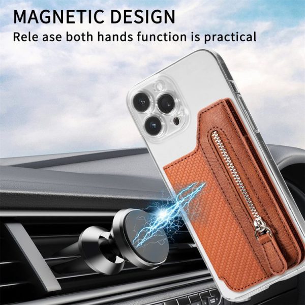 Phone ID Card Holder PU Leather Flap Zipper Wallet Card Holder Bag Adhesive Case (Black) - Image 9