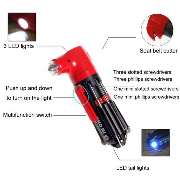 8 in 1 Multifunctional Car Safety Hammer with Screwdriver Flashlight - Image 3