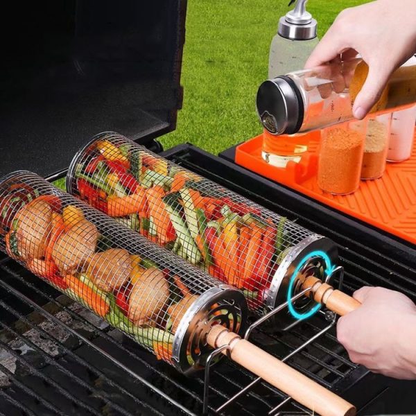 Upgrade Flip-top Lid BBQ Cage Stainless Steel Rolling Grilling Basket With Wooden Handle Small - Image 2