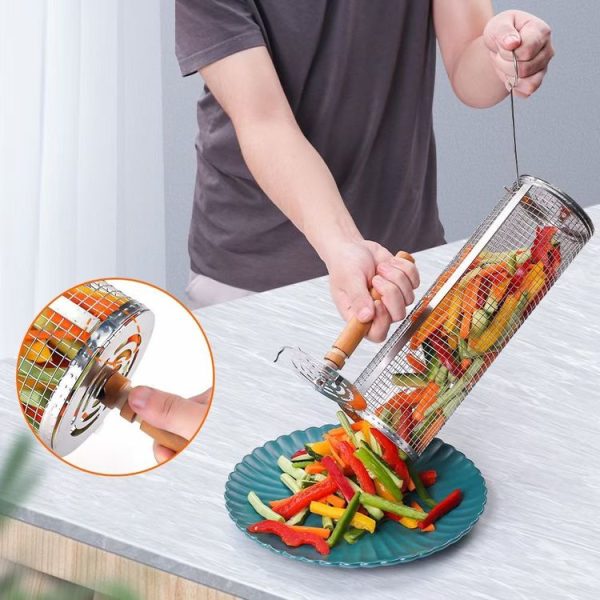 Upgrade Flip-top Lid BBQ Cage Stainless Steel Rolling Grilling Basket With Wooden Handle Small - Image 3