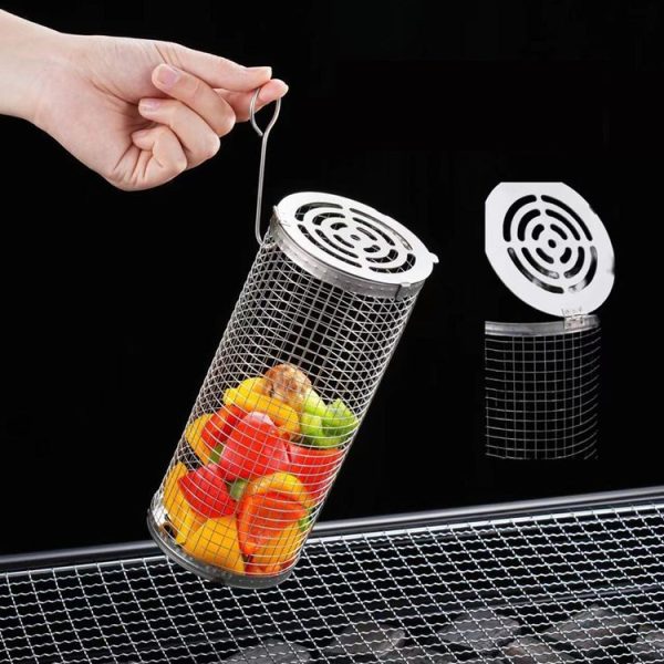 Upgrade Flip-top Lid BBQ Cage Stainless Steel Rolling Grilling Basket With Wooden Handle Small - Image 4