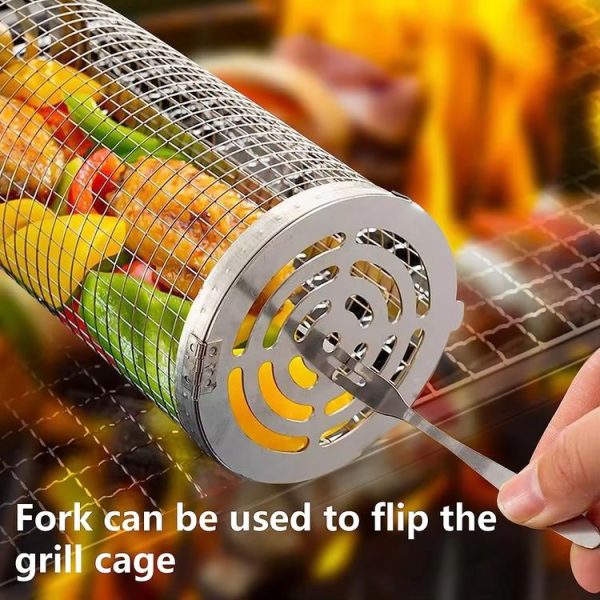 Upgrade Flip-top Lid BBQ Cage Stainless Steel Rolling Grilling Basket With Wooden Handle Small - Image 5