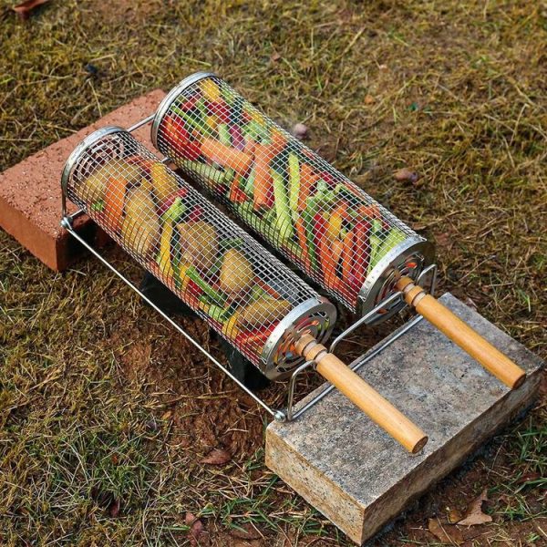 Upgrade Flip-top Lid BBQ Cage Stainless Steel Rolling Grilling Basket With Wooden Handle Small - Image 6