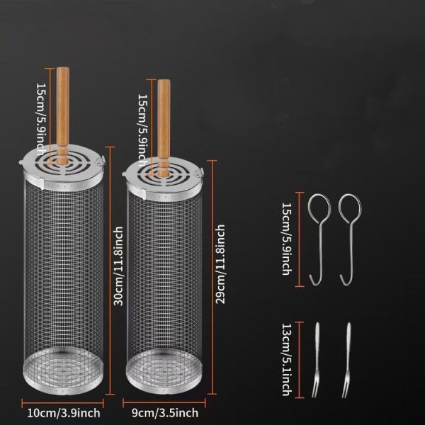 Upgrade Flip-top Lid BBQ Cage Stainless Steel Rolling Grilling Basket With Wooden Handle Small - Image 7