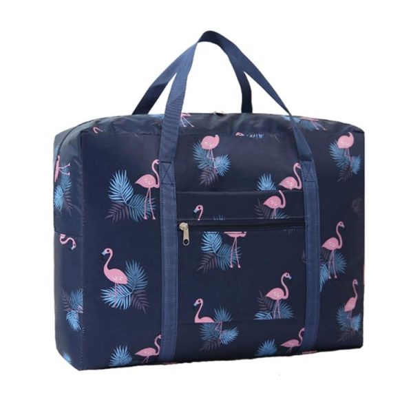 Travel Waterproof Foldable Storage Hand Luggage Bag (Navy Blue Flamingo)