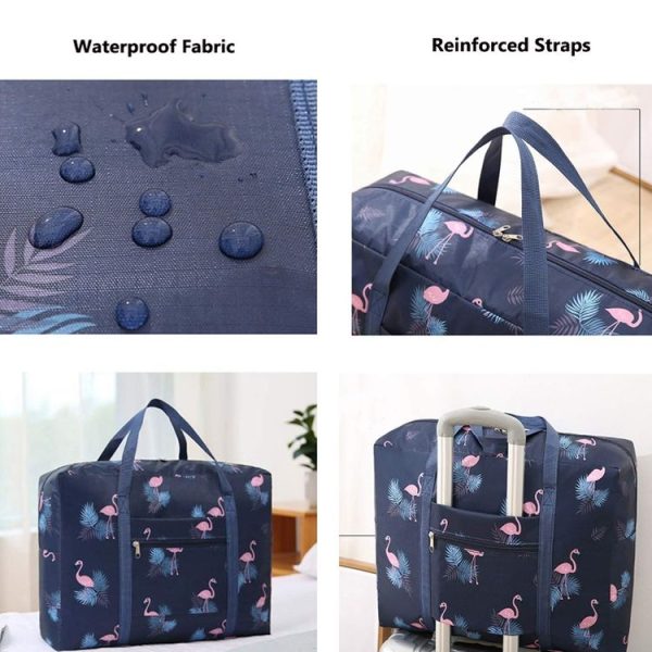 Travel Waterproof Foldable Storage Hand Luggage Bag (Navy Blue Flamingo) - Image 4